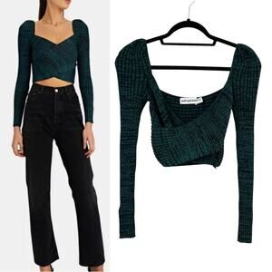 Self Portrait Crossover Ribbed Knit Crop Top Long Sleeve Green Black Size Small‎